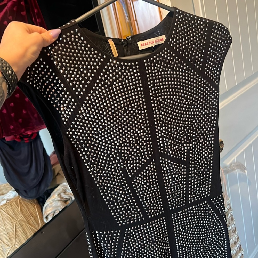 REBECCA TAYLOR NAILHEAD STUDDED Black Silver Bodycon mini cocktail DRESS sz S